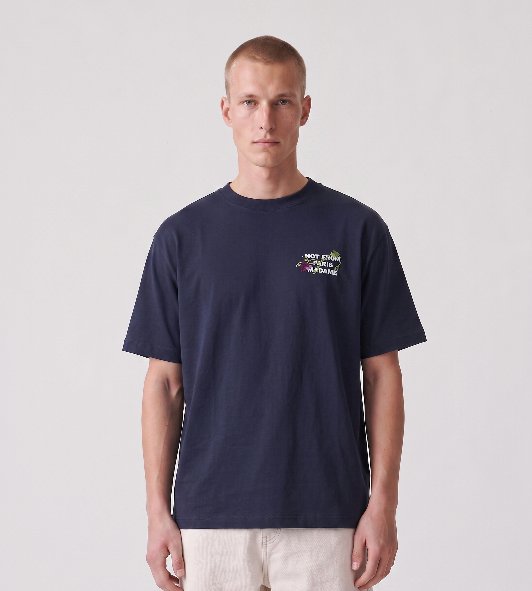 Drôle de Monsieur Vine Embroidered Slogan T-Shirt Navy