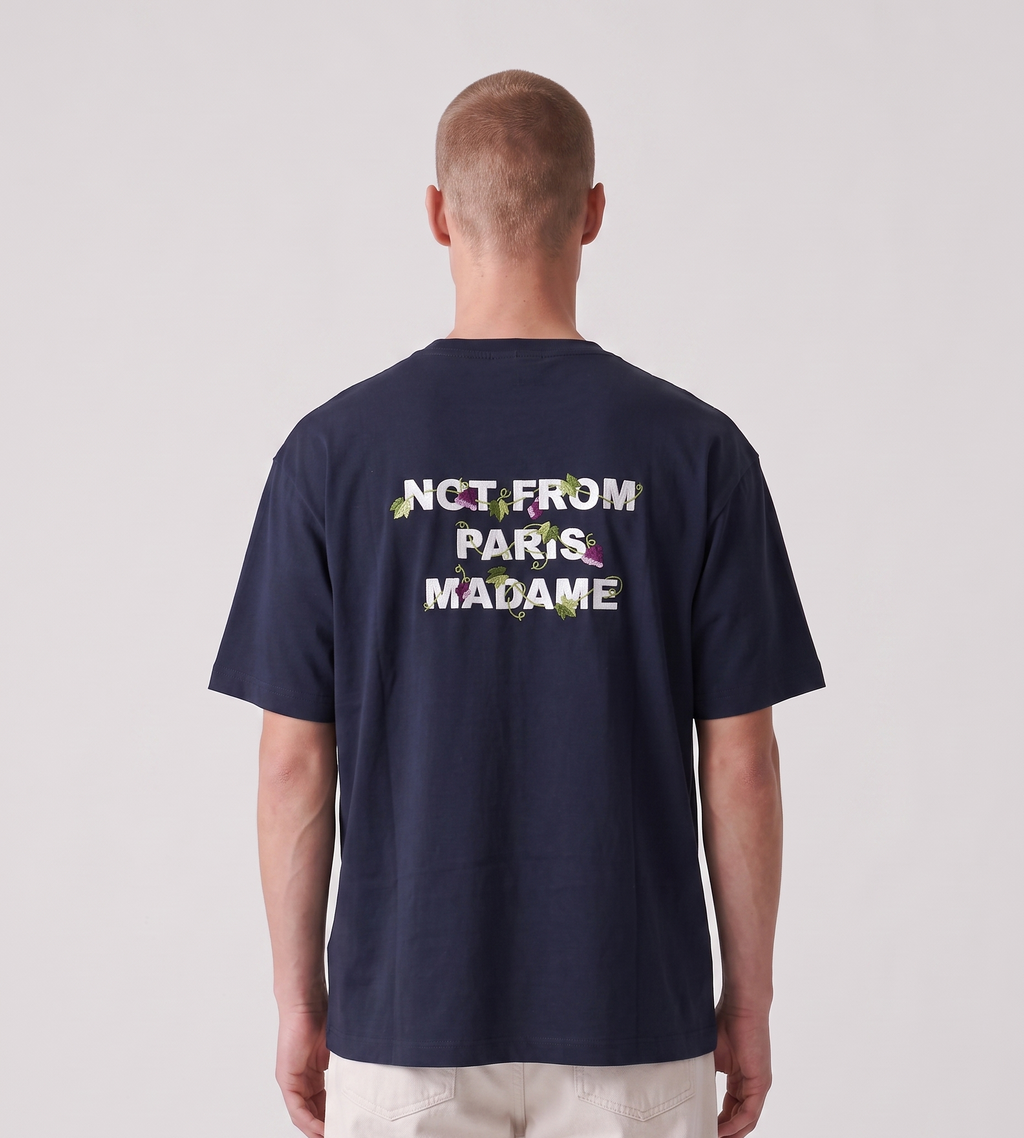 Drôle de Monsieur Vine Embroidered Slogan T-Shirt Navy