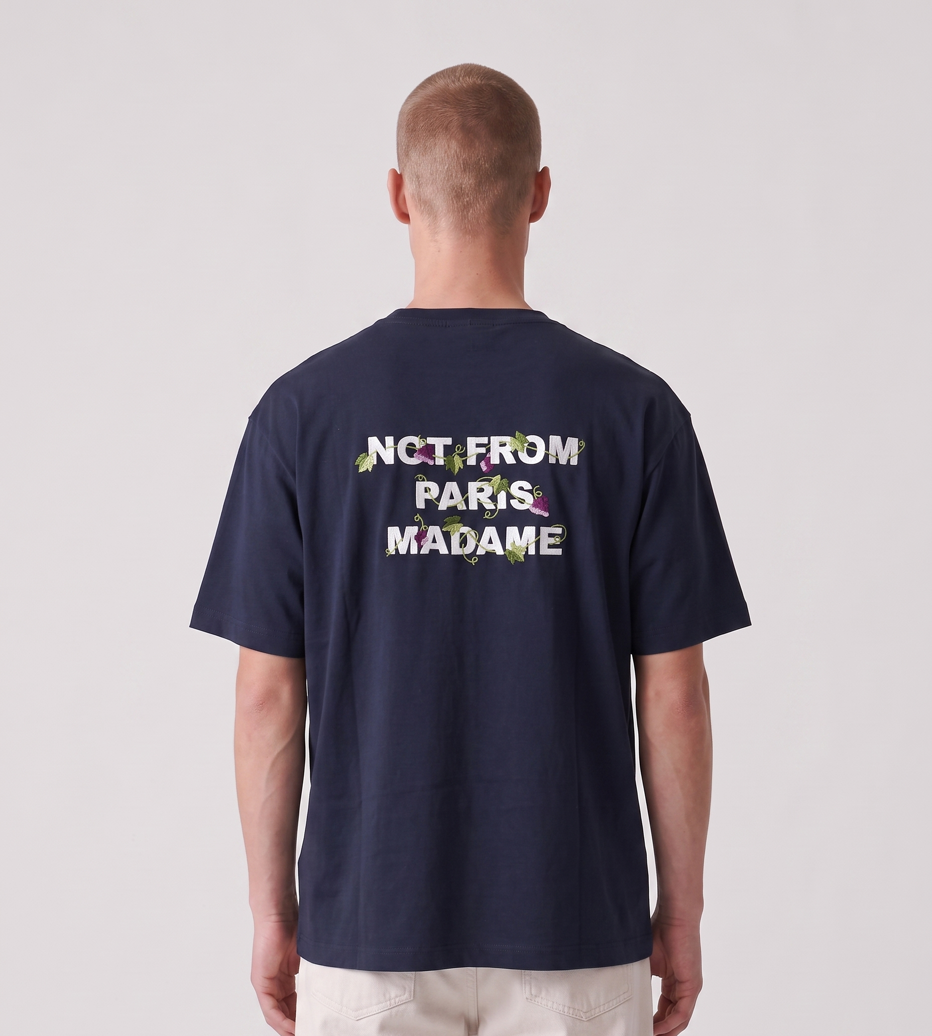 Drôle de Monsieur Vine Embroidered Slogan T-Shirt Navy