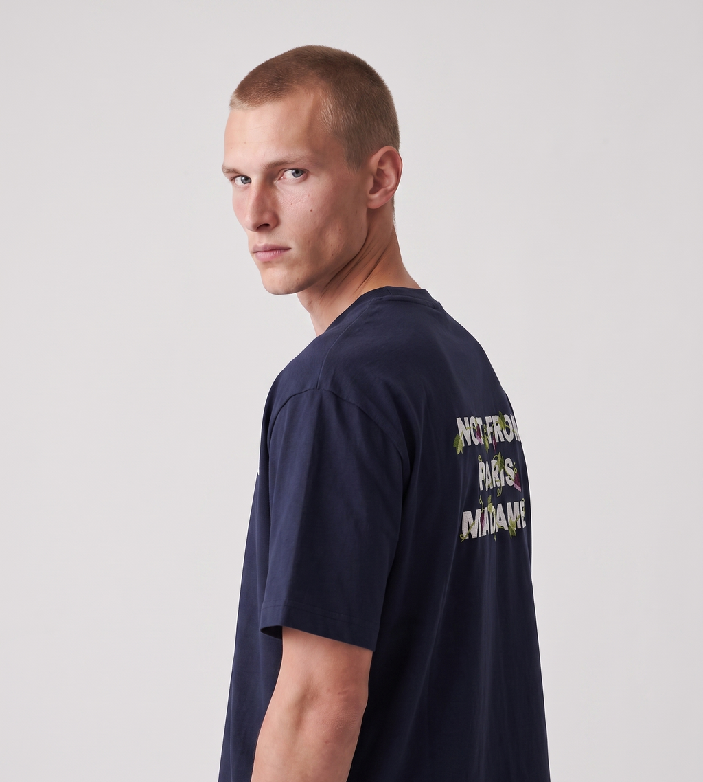 Drôle de Monsieur Vine Embroidered Slogan T-Shirt Navy